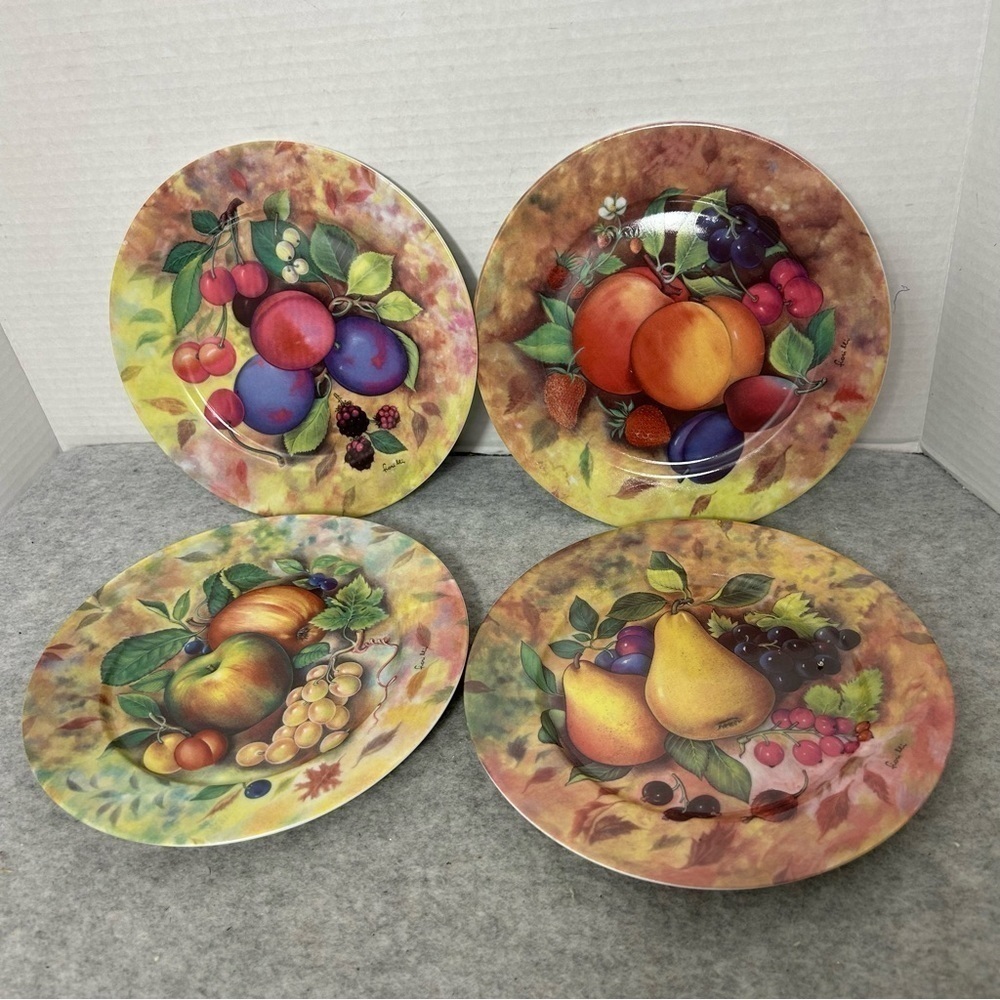 FOUR Godinger 1855 Email de Limoges Salad /Dessert Plates Set Fruit Series 7.5"